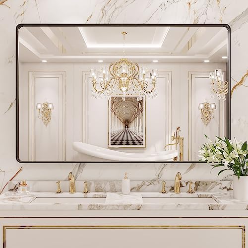 Black Metal Framed 22X30 Inch Rounded Rectangle Bathroom Mirror T1226