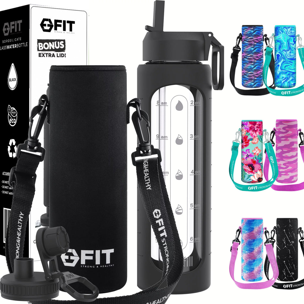 32 oz Glass Water Bottle with Time Marker and Carrier V473