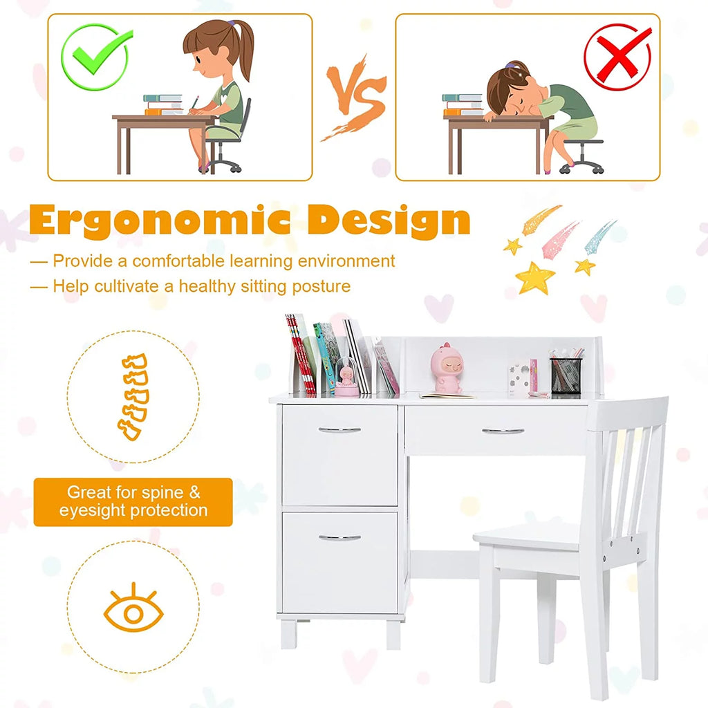 Kids Wooden Desk and Chair Set with Drawer & Storage Cabinets T7432