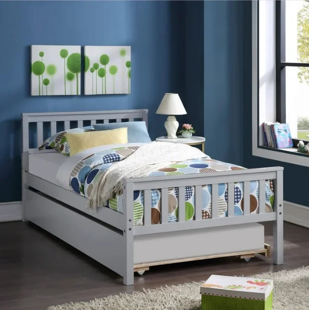 White Solid Pine Wood Twin Platform Bed with Trundle and Headboard Y5496