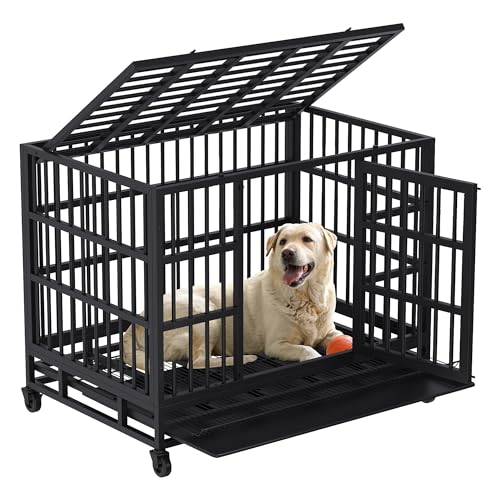 48 inch Heavy Duty Dog Crate with Lockable Wheels, Double Door, Removable Tray, Black A524