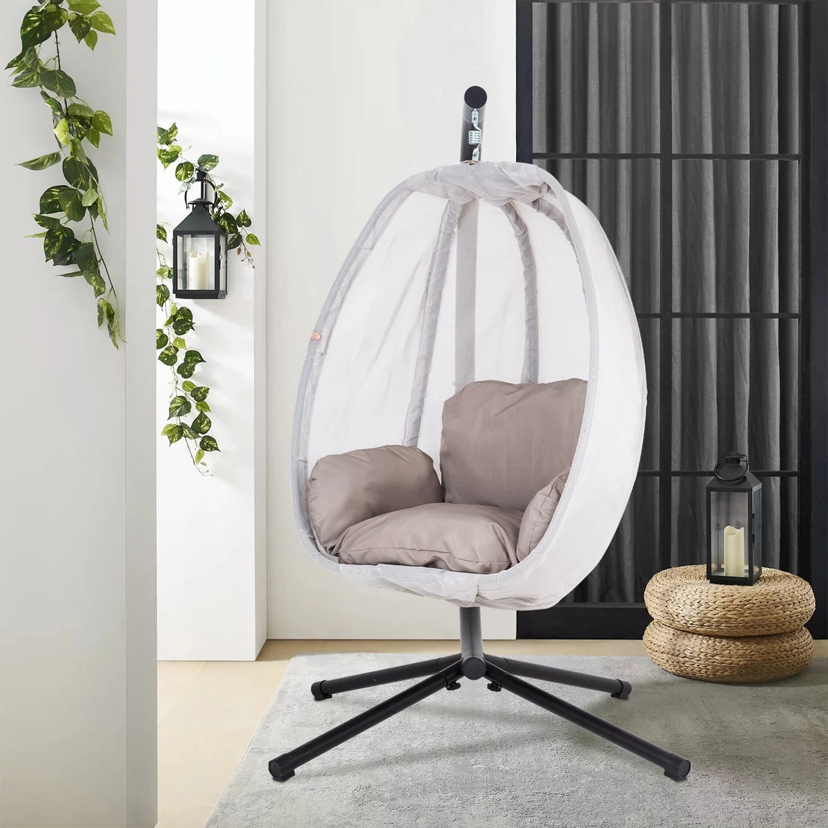 Egg Chair with Metal Stand and Cushion, 400LBS Capacity, Gray C139