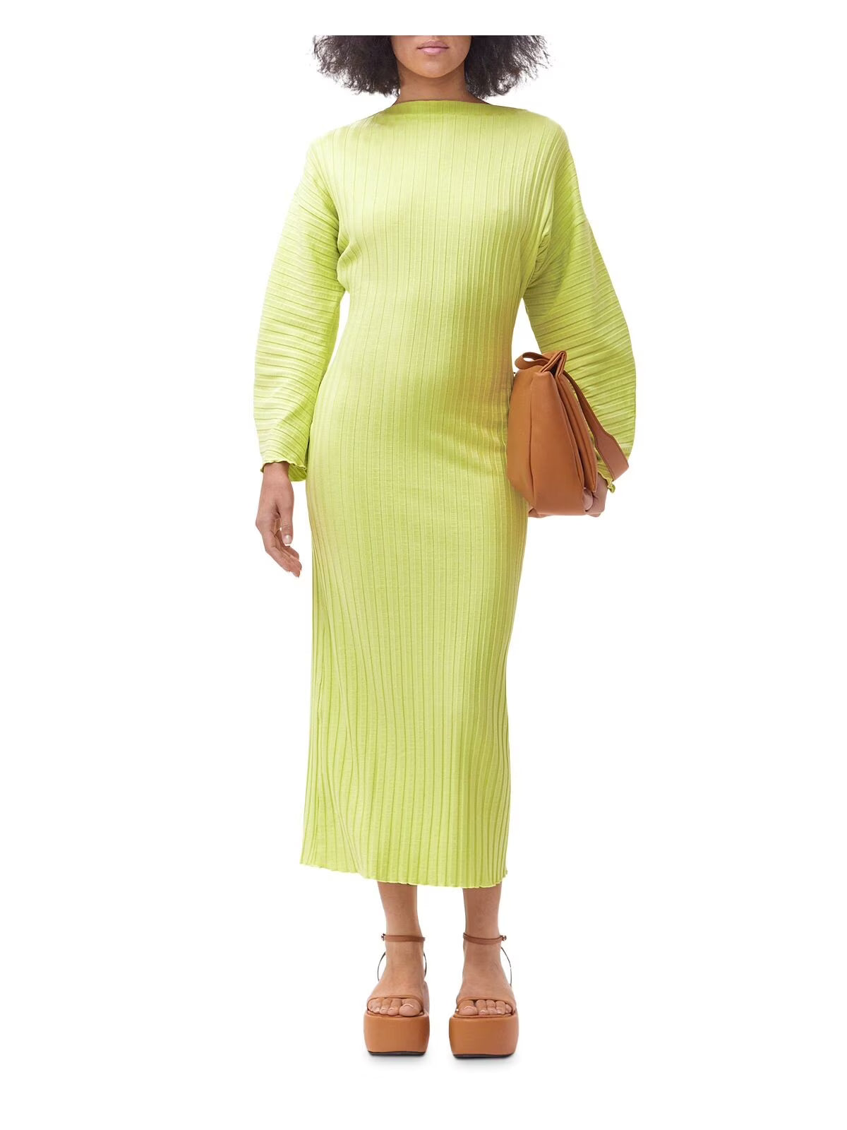 Green Long Sleeve Boat Neck Midi Sheath Dress D373