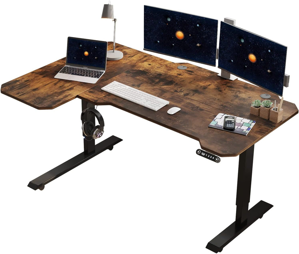 L Shaped Electric Height Adjustable Standing Desk with Black Frame & Rustic Brown Top A5892