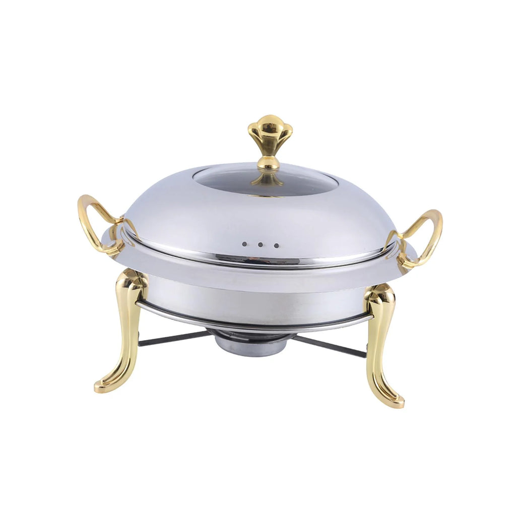 Stainless Steel Round Food Warmer with Glass Viewing Lid and Fuel Holder V5726