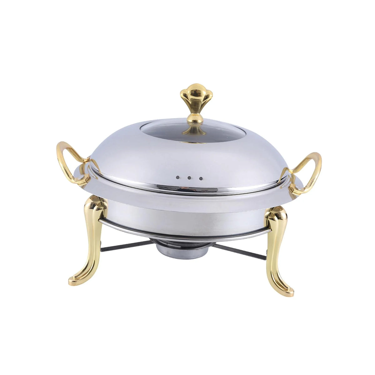 Stainless Steel Round Food Warmer with Glass Viewing Lid and Fuel Holder V5726
