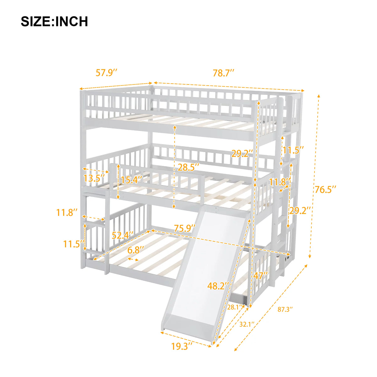 White Triple Bunk Bed with Ladder and Slide T6535