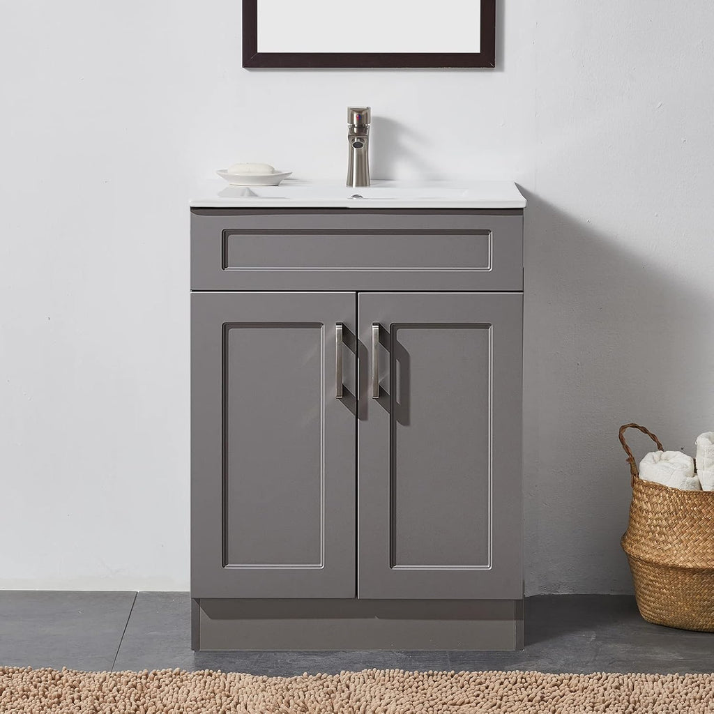 Gray 24 Inch Bathroom Vanity with Sink and White Ceramic Vessel Basin Top E6754