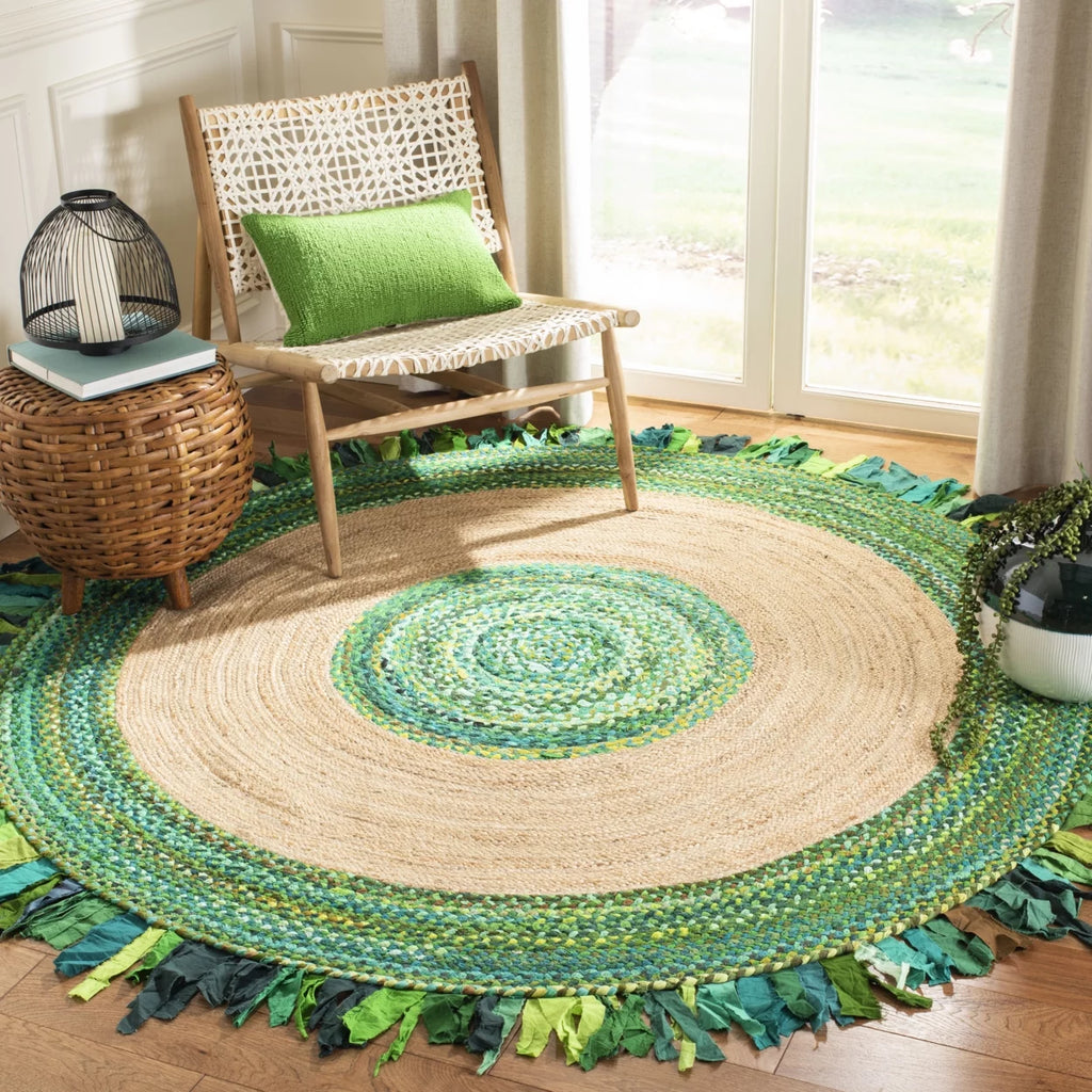 Green Natural 5' x 5' Round Braided Area Rug M51470