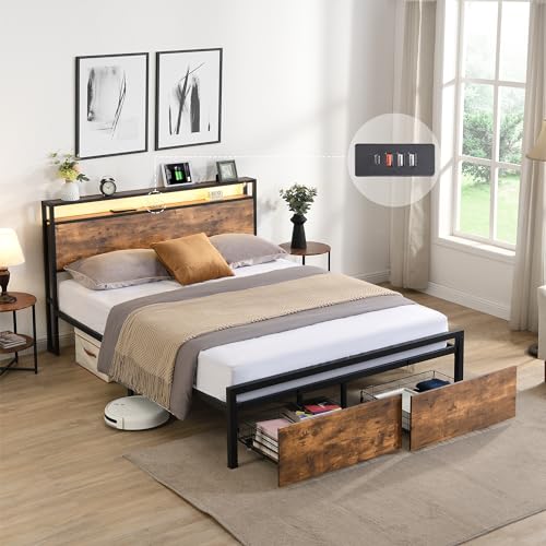 Full Size Metal Platform Bed with Storage Headboard and 2 Drawers Q8593
