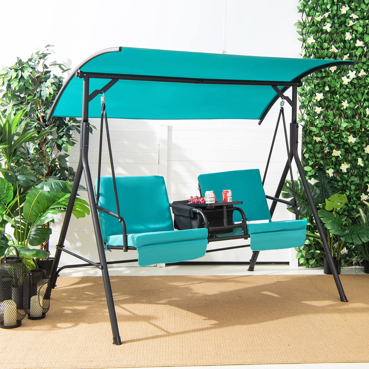 2-Person Canopy Porch Swing Padded Chair with Cooler Bag G6046