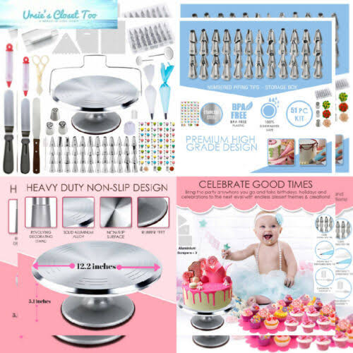 78 Piece Cake Decorating Supplies Kit with Aluminium Rotating Turntable Stand D364