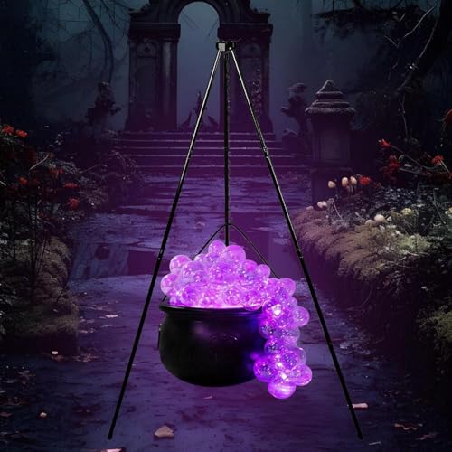 Large Witches Cauldron On Tripod with String Lights, Purple F86258