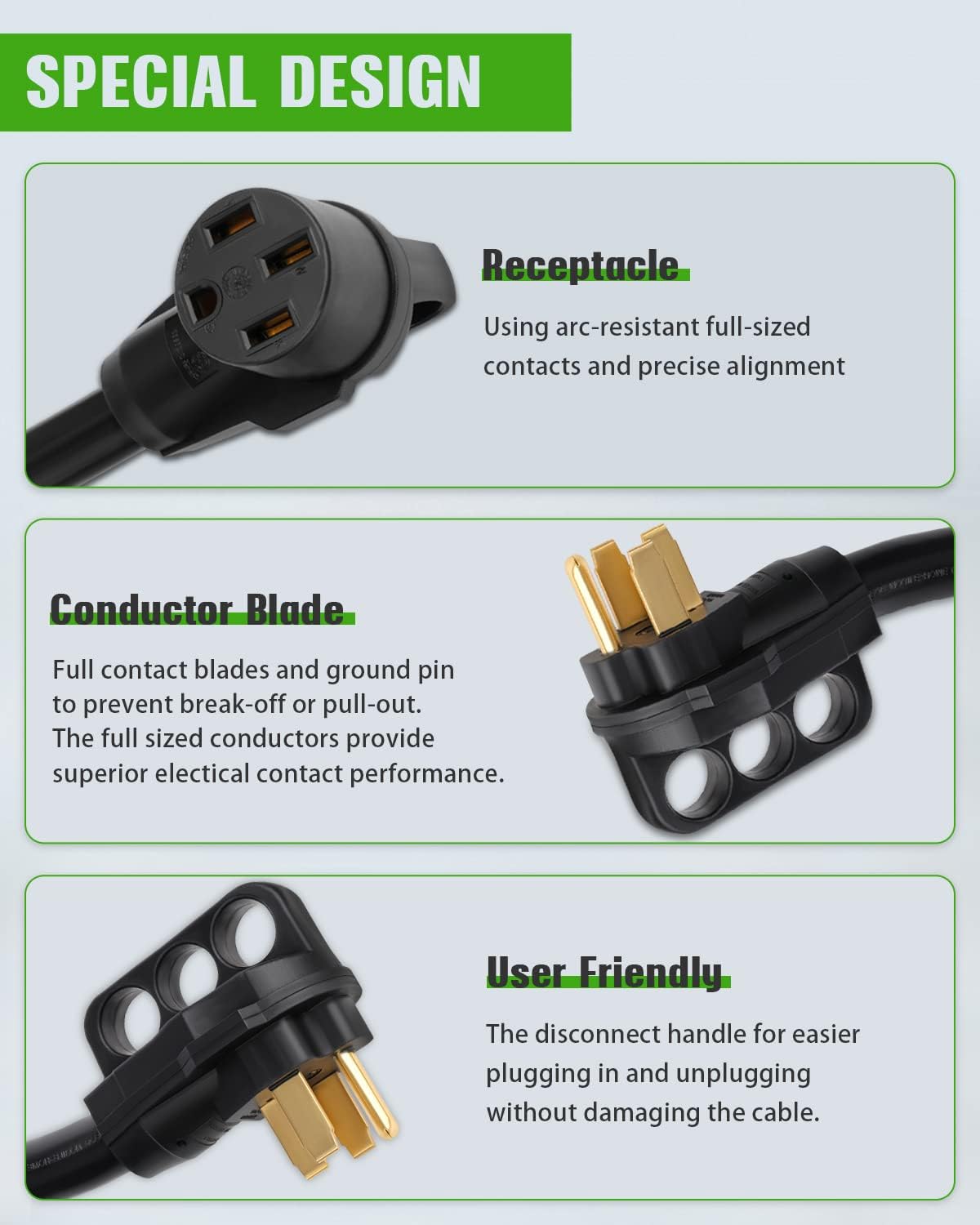 Black 36FT 50Amp RV Extension Cord with Handle, NEMA 14-50, 6AWG3C + 8AWG1C I368733