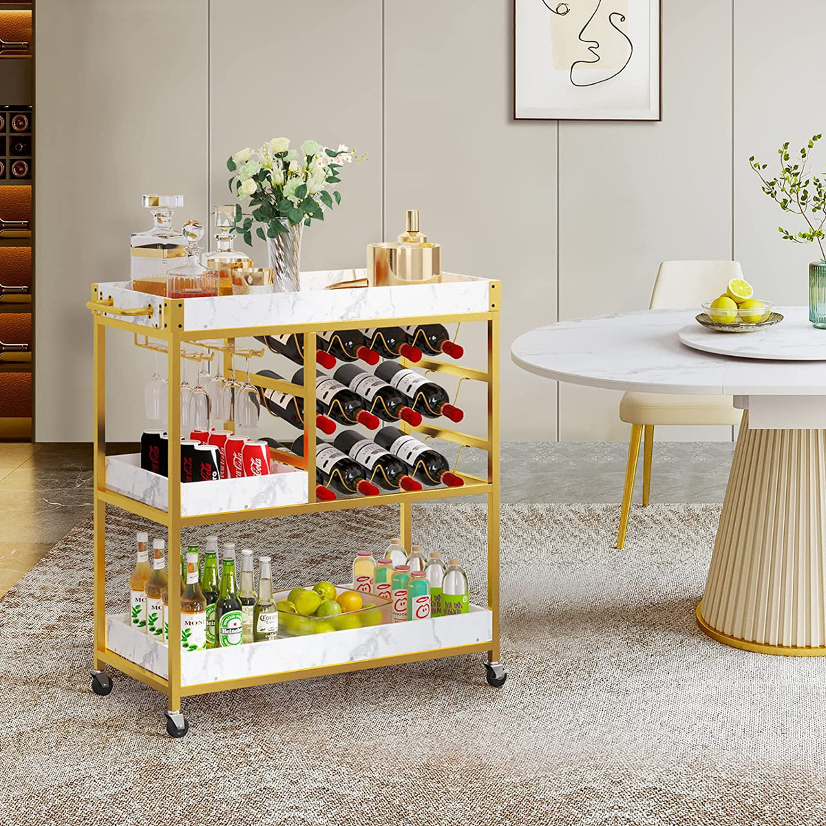 Gold Bar Cart with 12 Bottle Wine Rack K73909