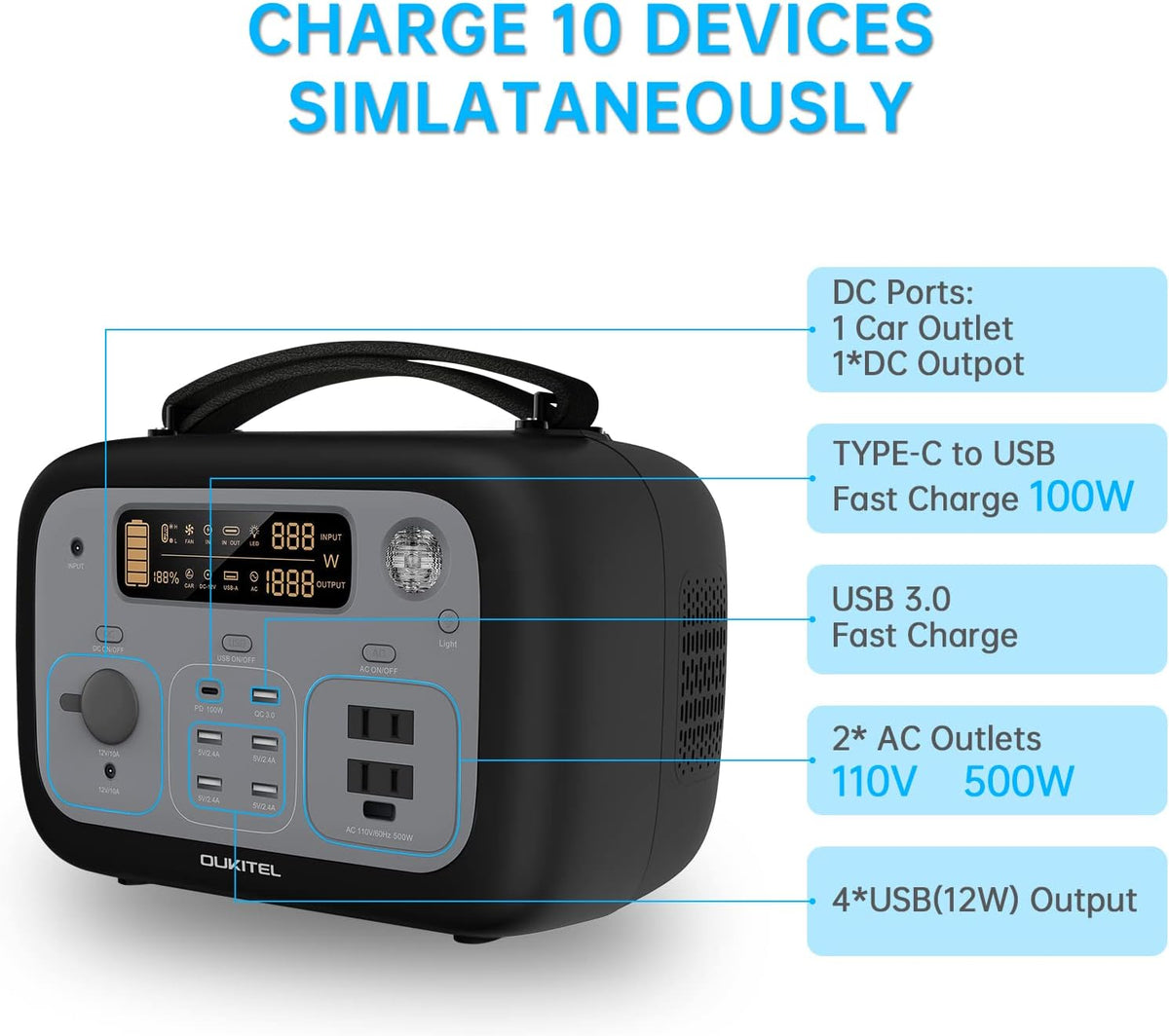 Portable Power Station 500Wh 500W Solar Generator D103226