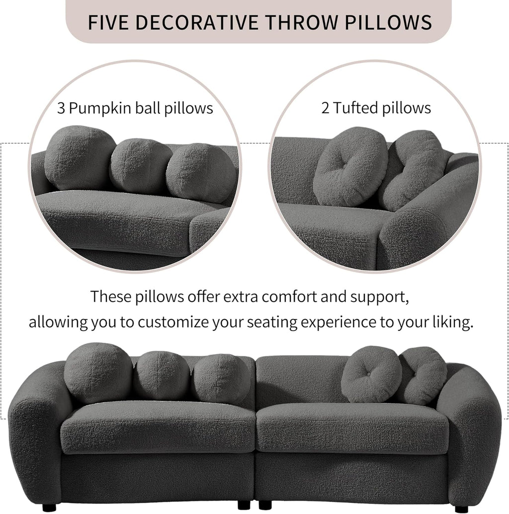 Grey Teddy Fabric 3 Seater Sofa with 5 Throw Pillows S275780