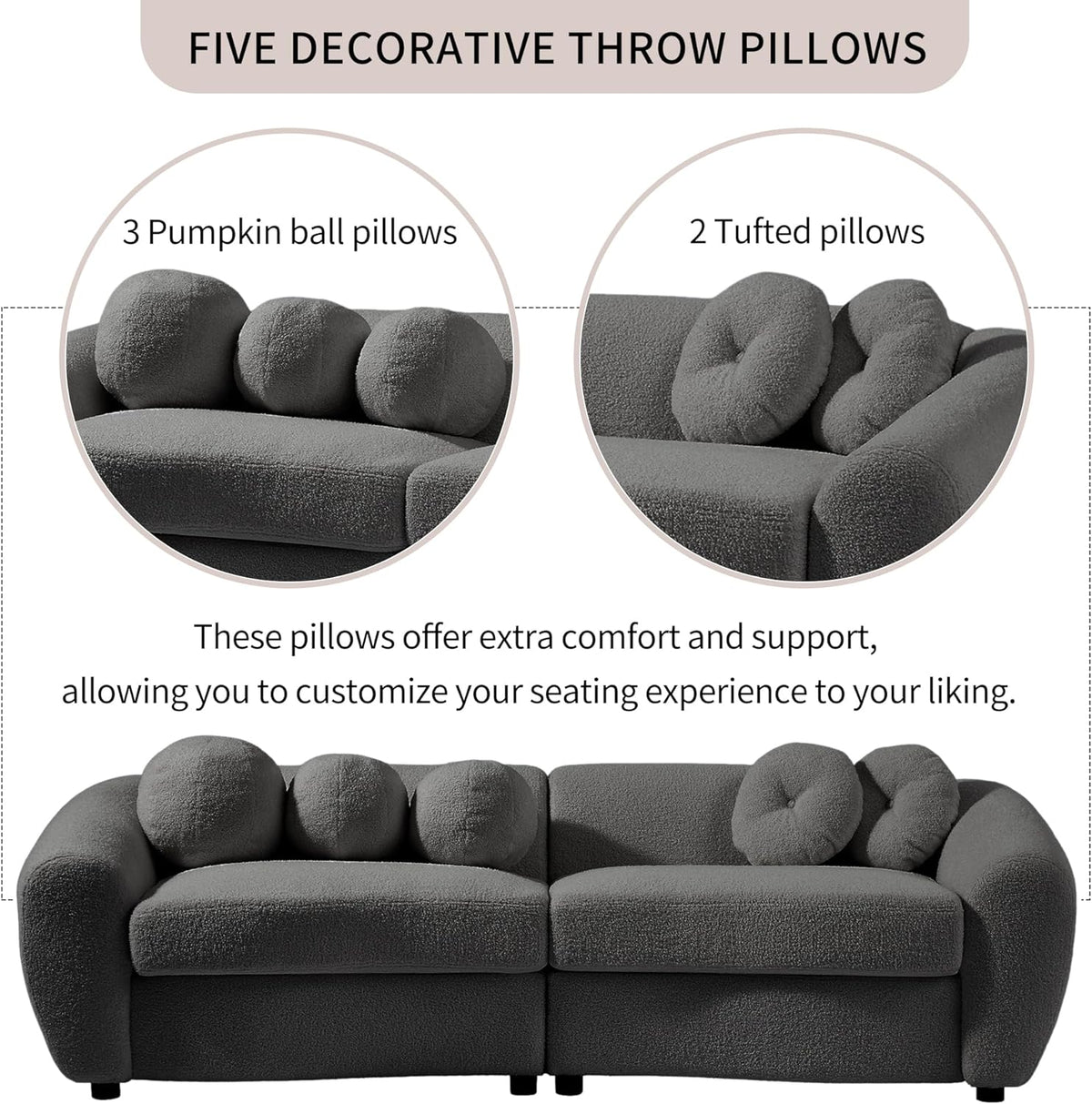 Grey Teddy Fabric 3 Seater Sofa with 5 Throw Pillows S275780