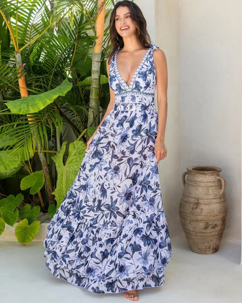 Blue Print Swimsuit Set with Cover Skirt M99528