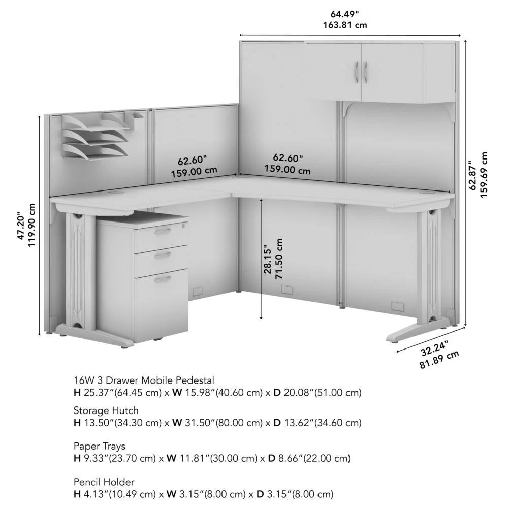 L Cubicle Desk with Storage in Pure White Engineered Wood N786149