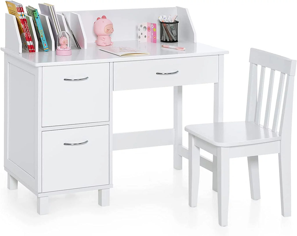 Kids Wooden Desk and Chair Set with Drawer & Storage Cabinets T7432