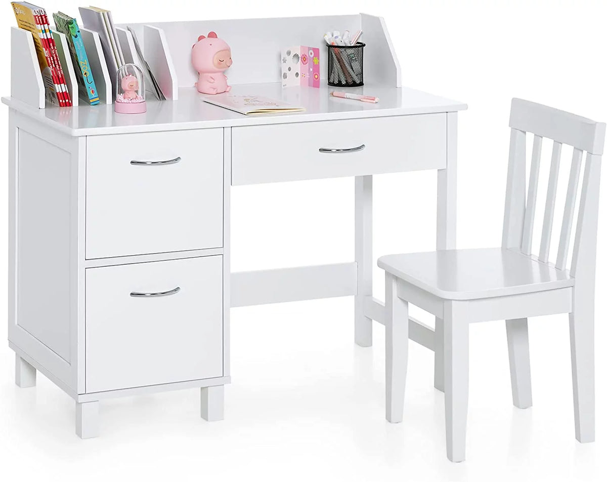 Kids Wooden Desk and Chair Set with Drawer & Storage Cabinets T7432