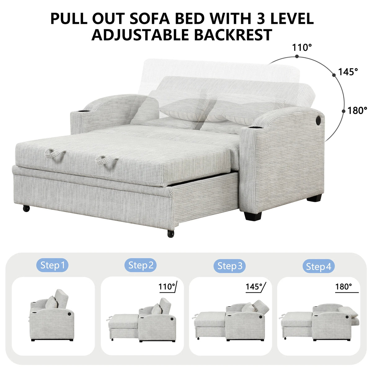 White Gray Chenille Convertible Loveseat Sofa with 2 Pillows S59815