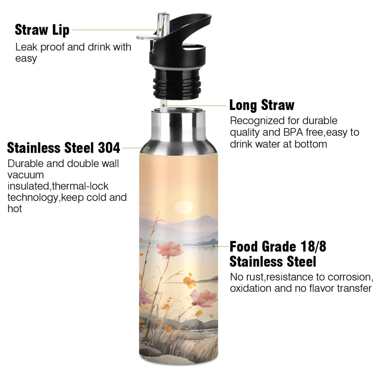 Stainless Steel Insulated Thermos Vacuum Flask Water Bottle with Straw Lid M39354