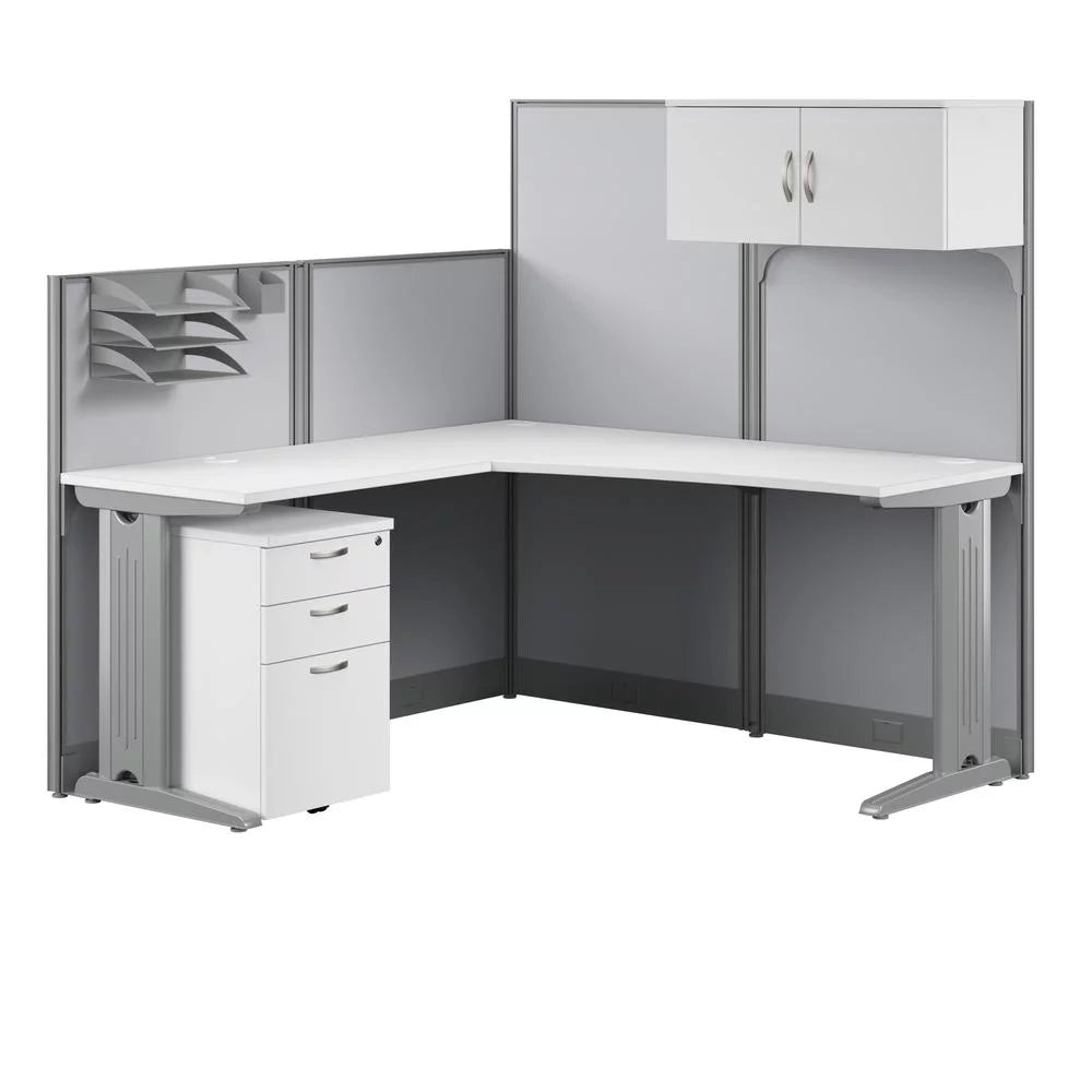 L Cubicle Desk with Storage in Pure White Engineered Wood N786149
