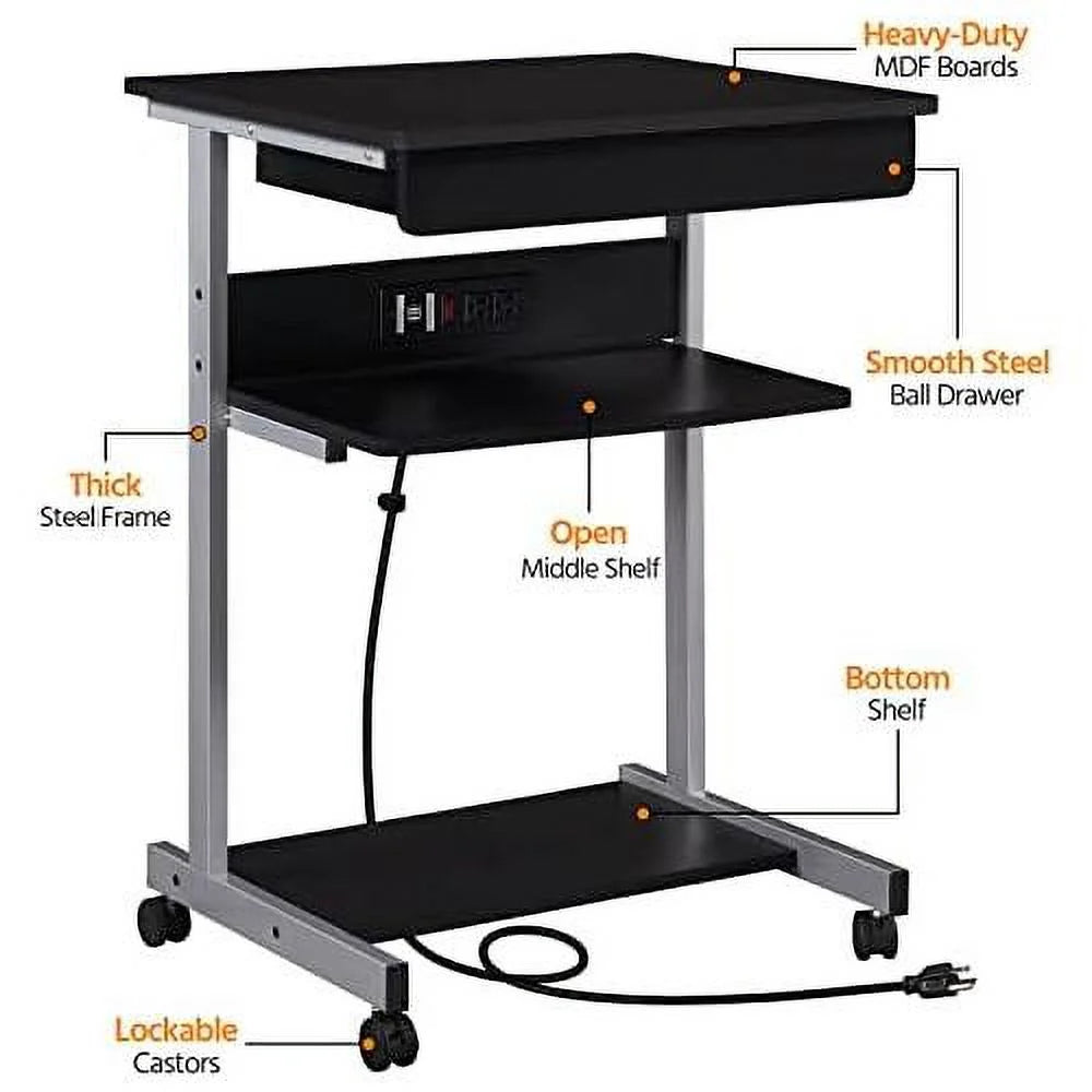Black Mobile Laptop Desk On Wheels With Power Outlet And USB Ports K1691
