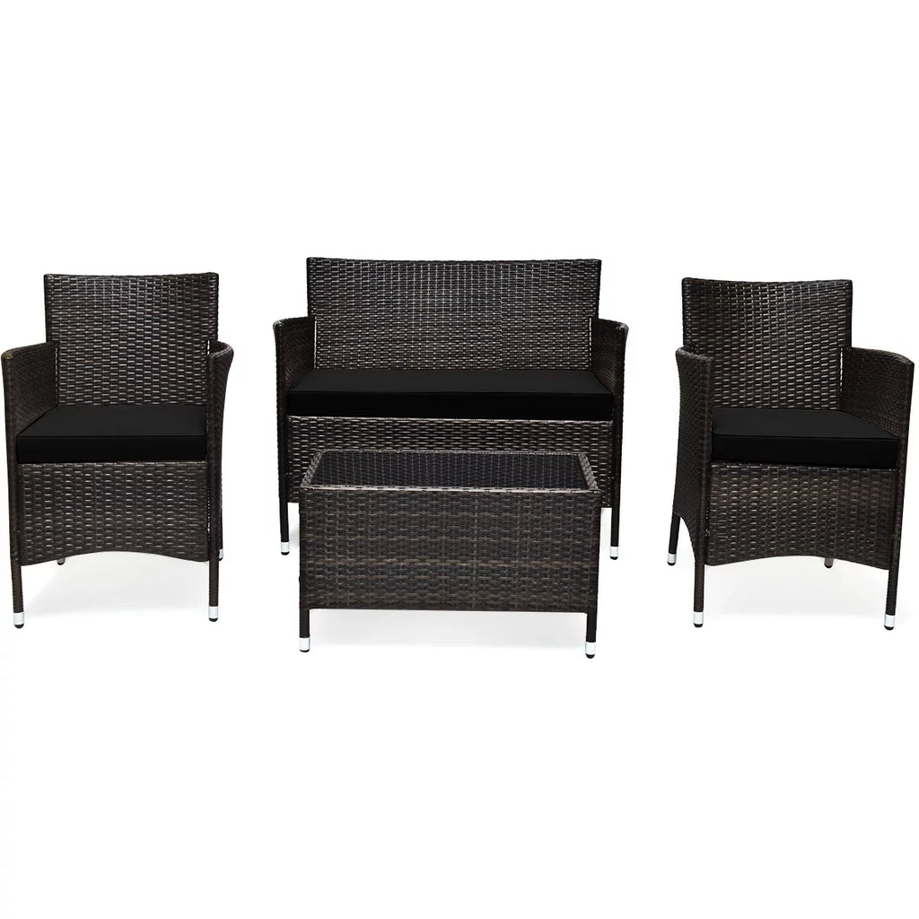 4-Piece Patio Rattan Wicker Furniture Set with Red Cushions P455774