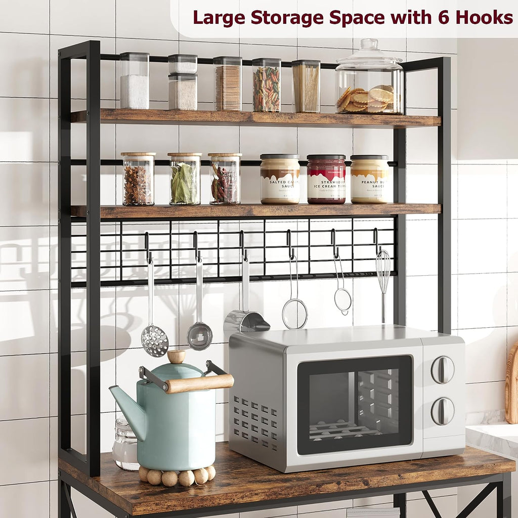 5-Tier Kitchen Utility Storage Shelf with 6 Hooks, Rustic Brown E66994