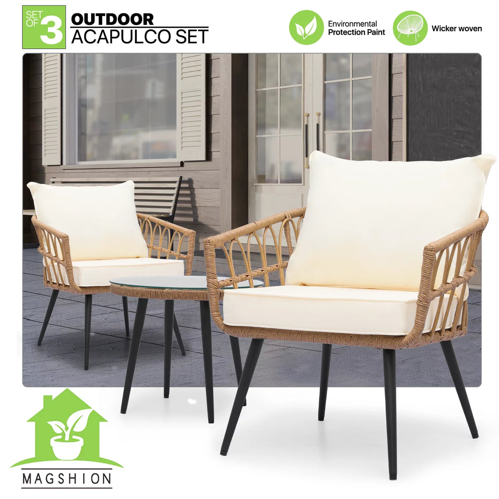 3 Pieces Rattan Wicker Patio Table & Chairs Set with Cushion J60523