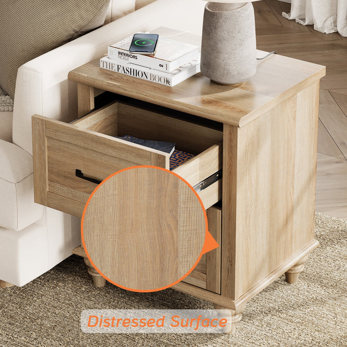 Light Rustic Oak Nightstand with Charging Station and 2 Drawers W69888