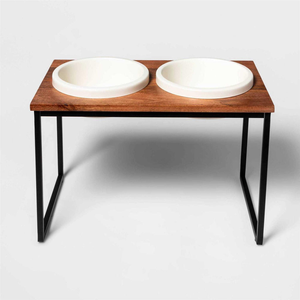 Tall Metal Elevated Dog Bowl with Wood Top S840570