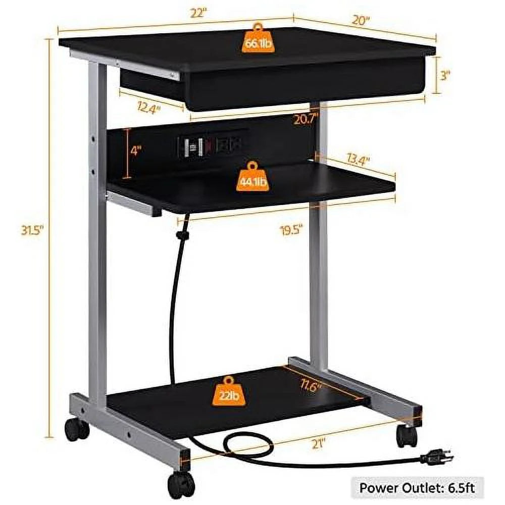 Black Mobile Laptop Desk On Wheels With Power Outlet And USB Ports K1691
