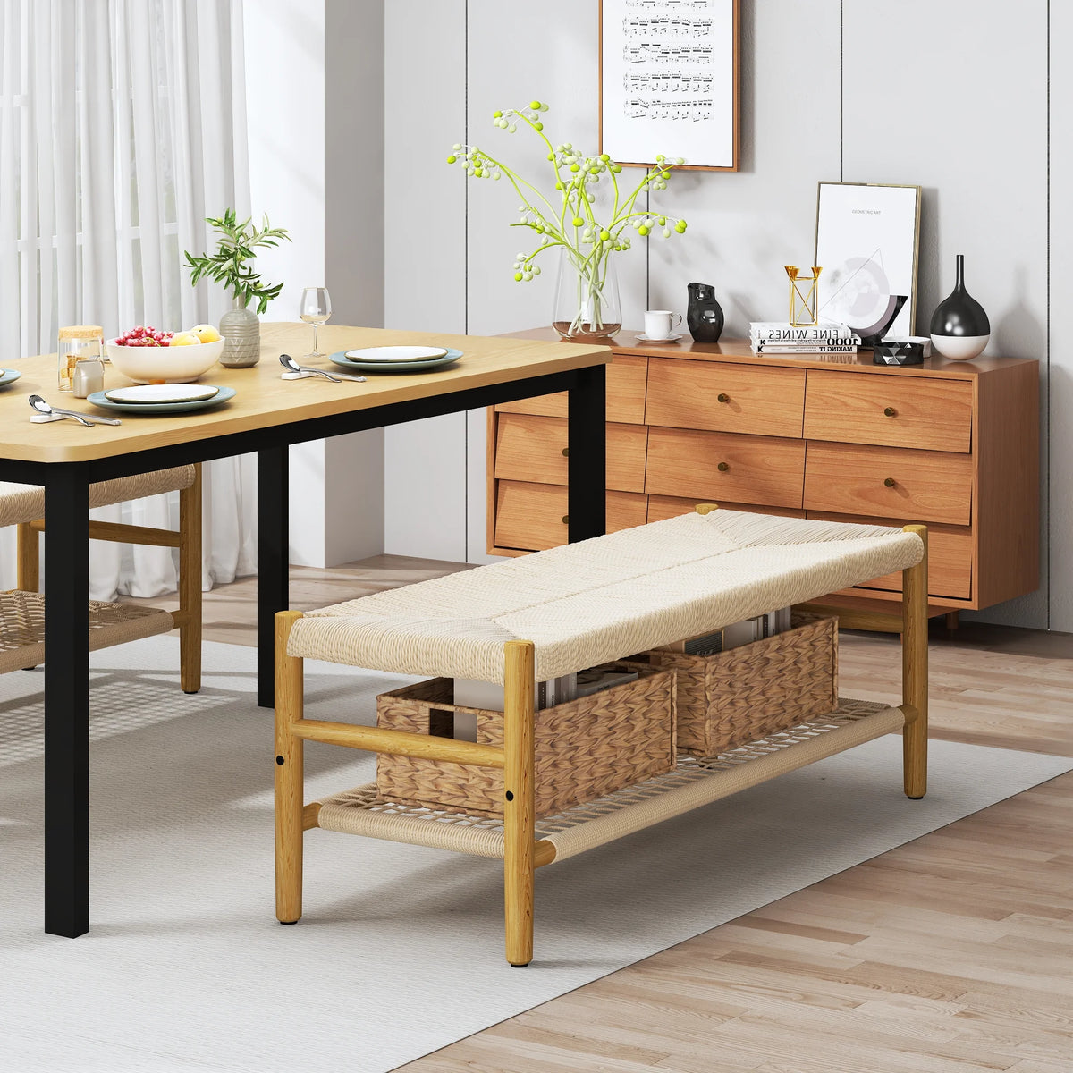 39 inch Rattan Storage Bench with 2 Baskets I701