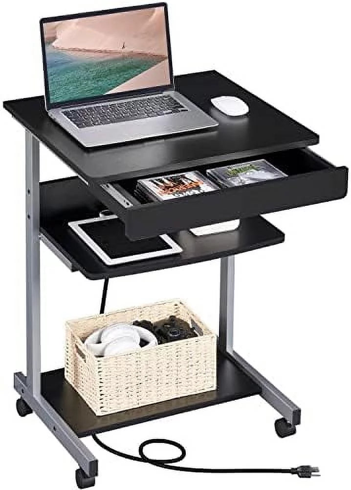 Black Mobile Laptop Desk On Wheels With Power Outlet And USB Ports K1691