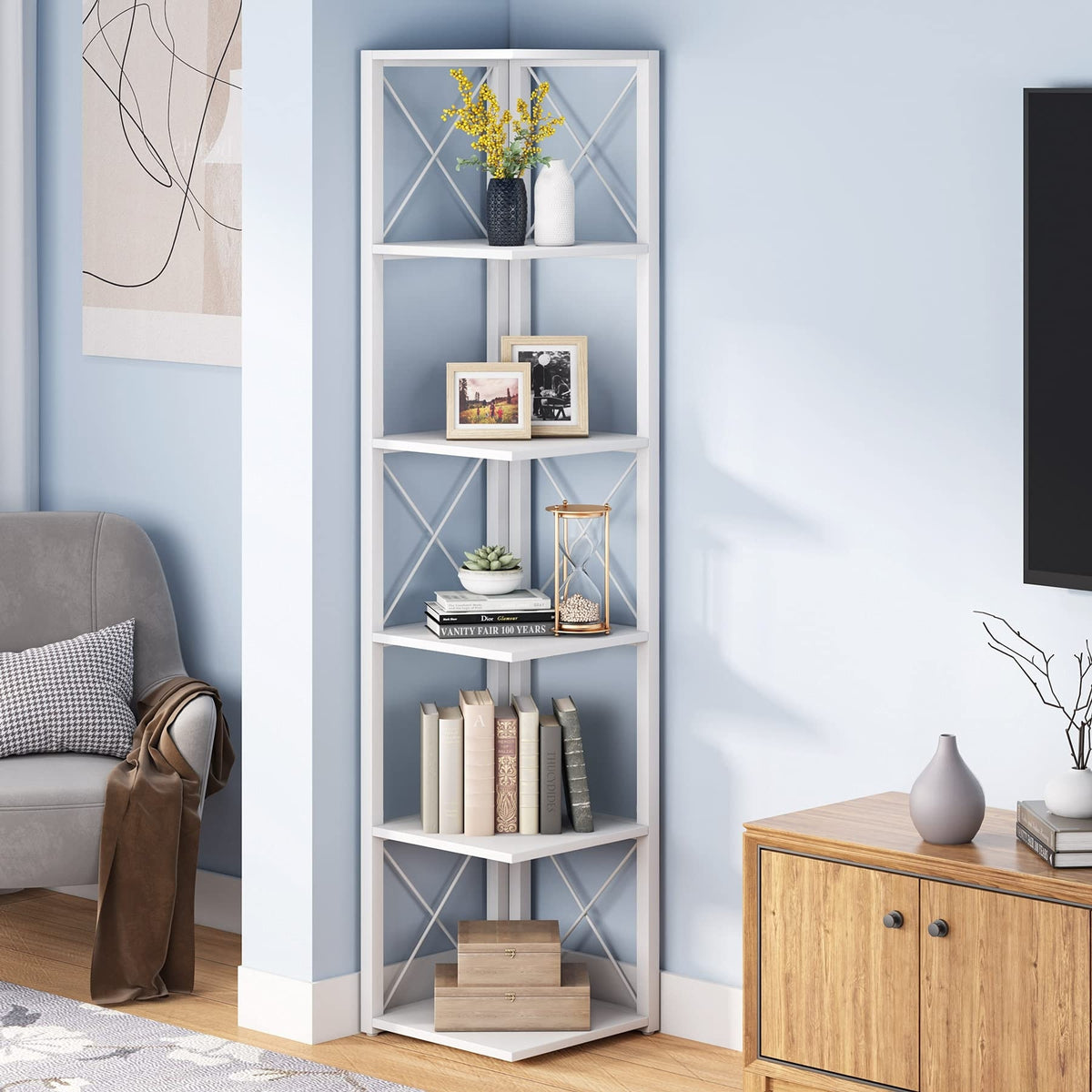 70.8 Inch Tall Brown 6-Tier Corner Bookcase Y1290