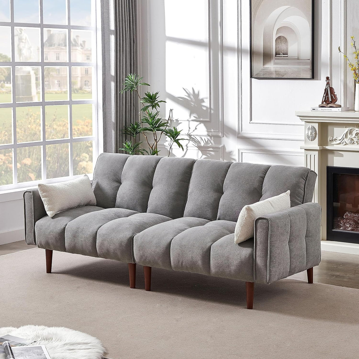 Grey Fabric Upholstered Futon Sofa Bed with Wooden Legs and 2 Pillows K554893