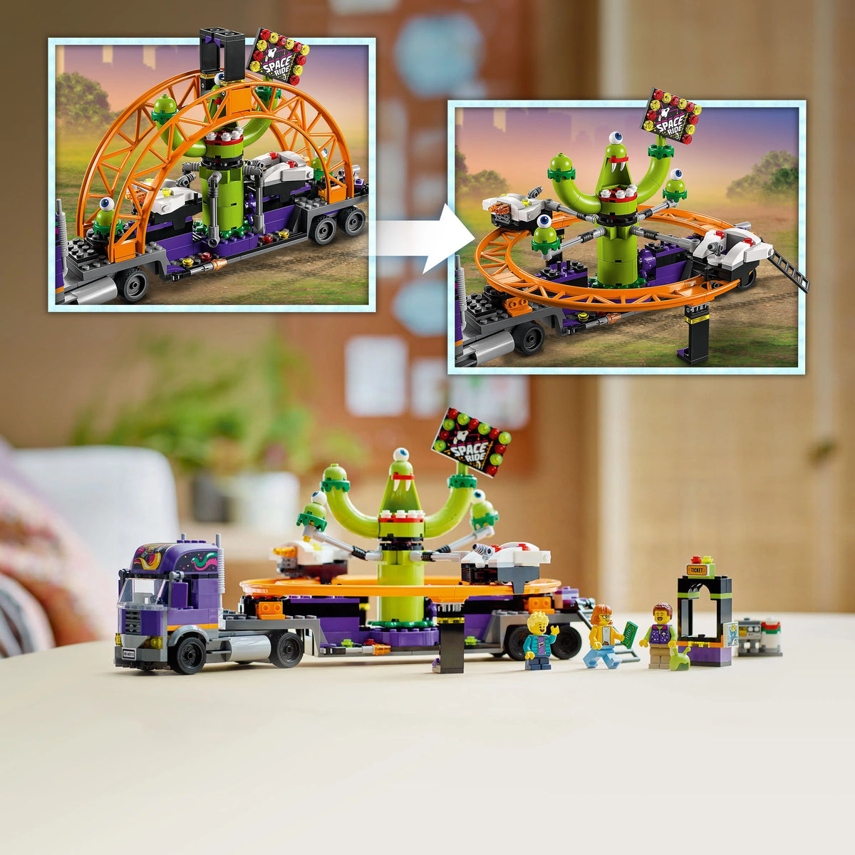Space Ride Amusement Truck Toy with Trailer, Alien Roller Coaster and 3 Fairground Minifigures X33191