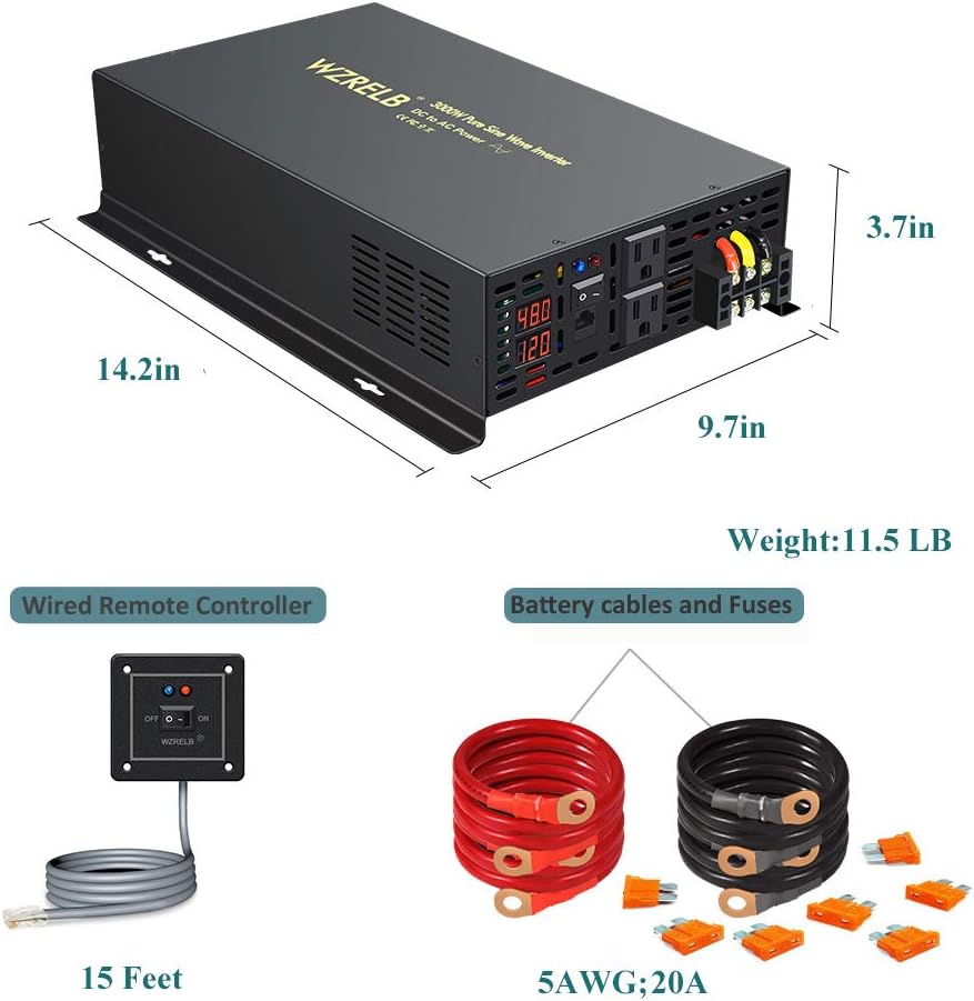 3000Watt 48V DC to 110V 120V Pure Sine Wave Power Inverter with Remote Control Dual AC Outlets and AC Hardwire Port U598815