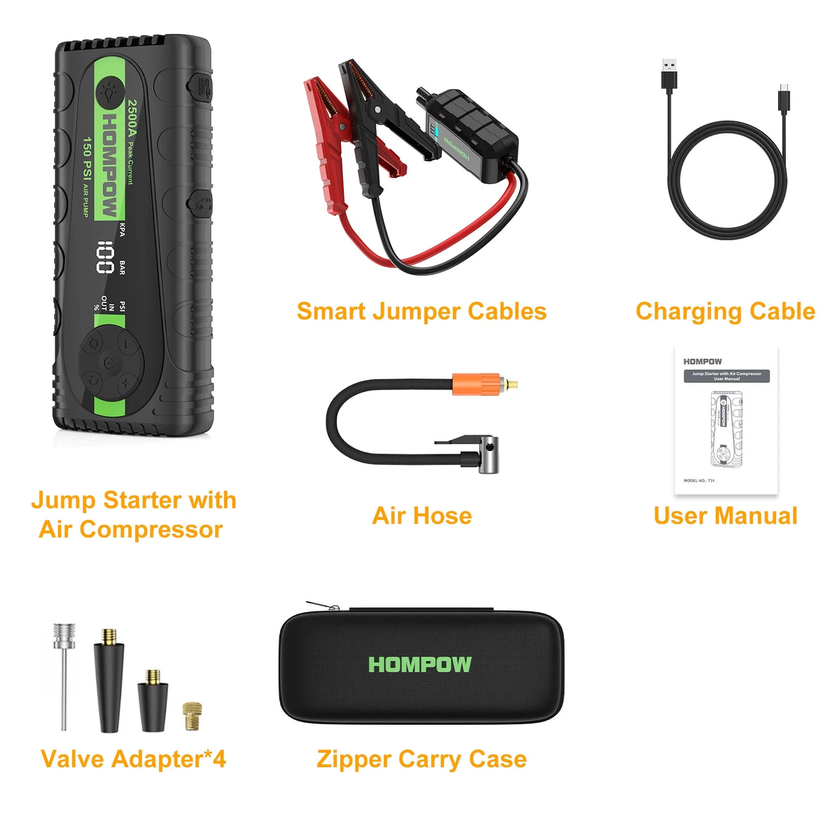2500A Portable Jump Starter with Air Compressor T523