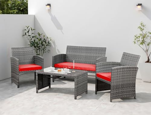 4 Piece Wicker Patio Furniture Set with Cushions H556295