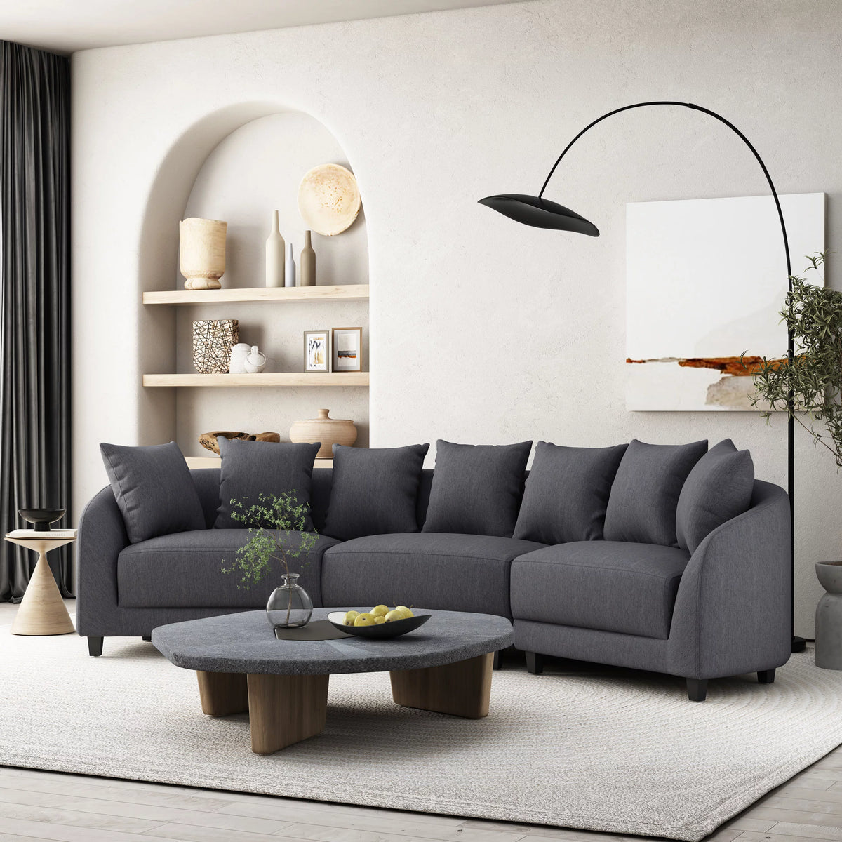 Charcoal and Dark Brown Fabric 3 Seater Curved Sectional Sofa N83924