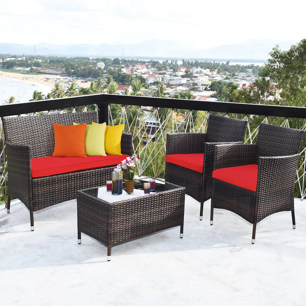 4-Piece Patio Rattan Wicker Furniture Set with Red Cushions P455774