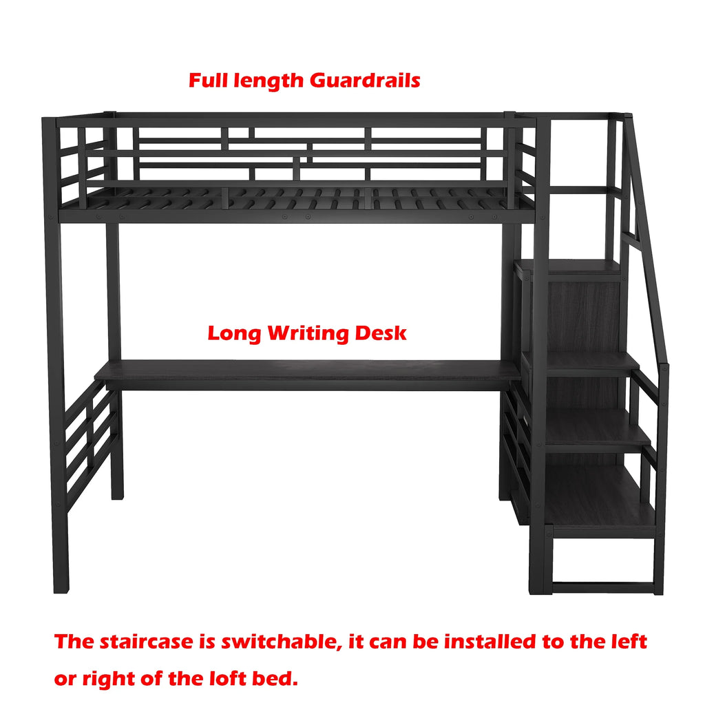 Full Size Black Metal Loft Bed with Storage Staircase and Desk B599636