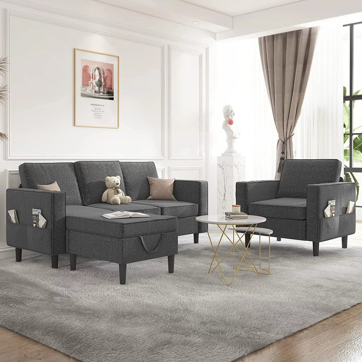 Beige Convertible Sectional Sofa with Storage Ottoman H832