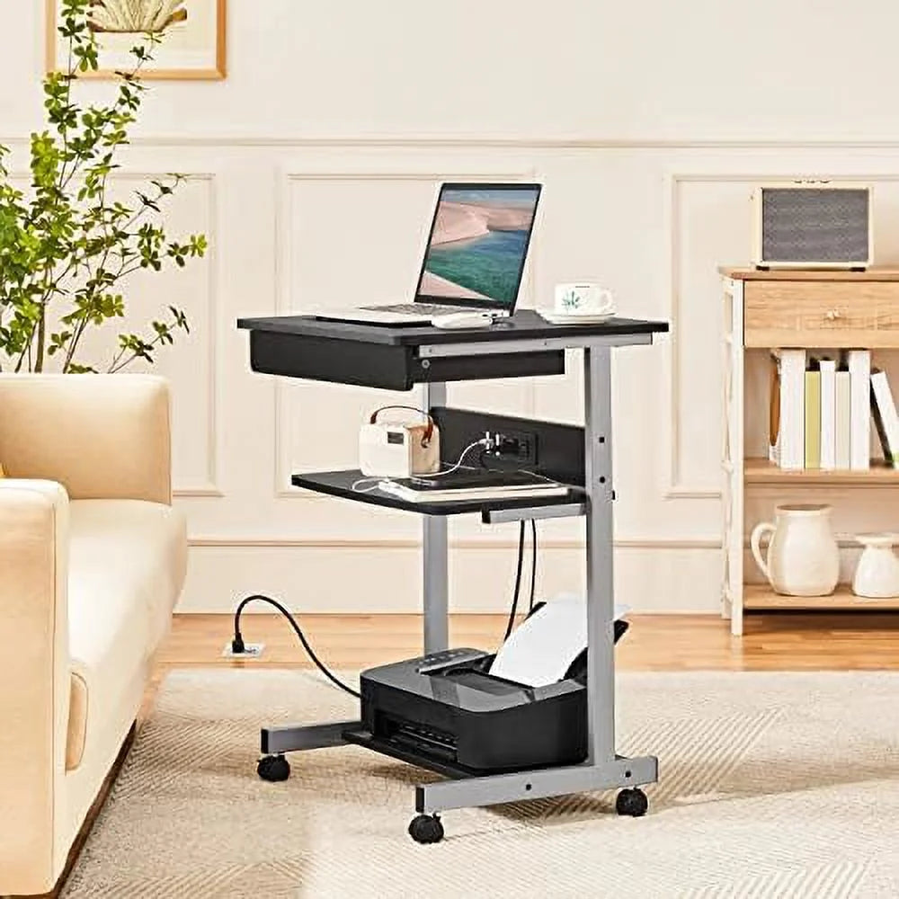 Black Mobile Laptop Desk On Wheels With Power Outlet And USB Ports K1691