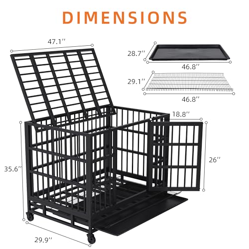 48 inch Heavy Duty Dog Crate with Lockable Wheels, Double Door, Removable Tray, Black A524